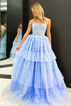 A Line Sweetheart Tulle Long Prom Dress with Ruffles