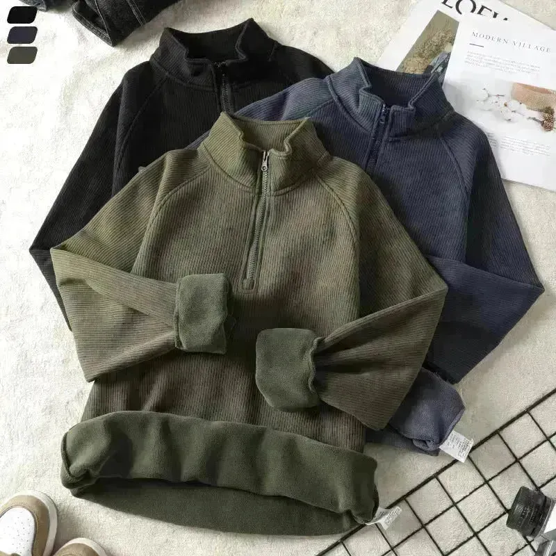 Autumn Winter half zip Stand-collar Fleece Sweatshirt Pullover tops for men