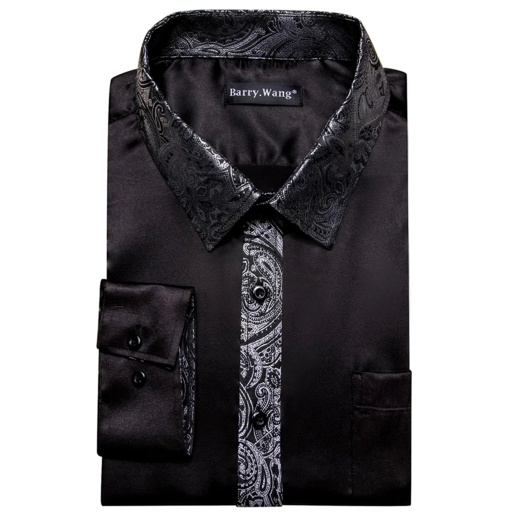 Barry Wang Black Shirt with Silver Paisley Cuff Long Sleeve Men Shirt
