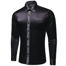 Barry Wang Black Shirt with Silver Paisley Cuff Long Sleeve Men Shirt