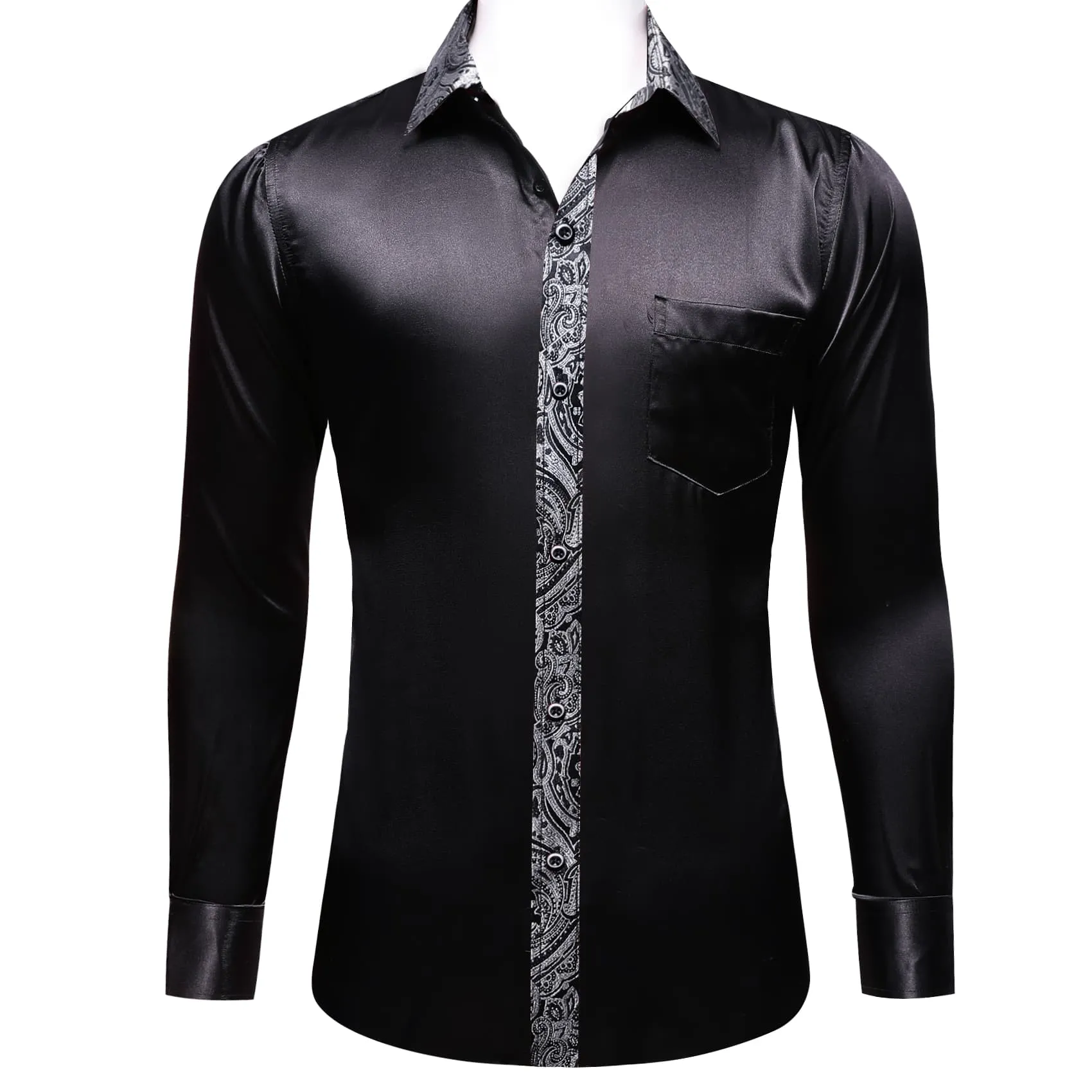 Barry Wang Black Shirt with Silver Paisley Cuff Long Sleeve Men Shirt