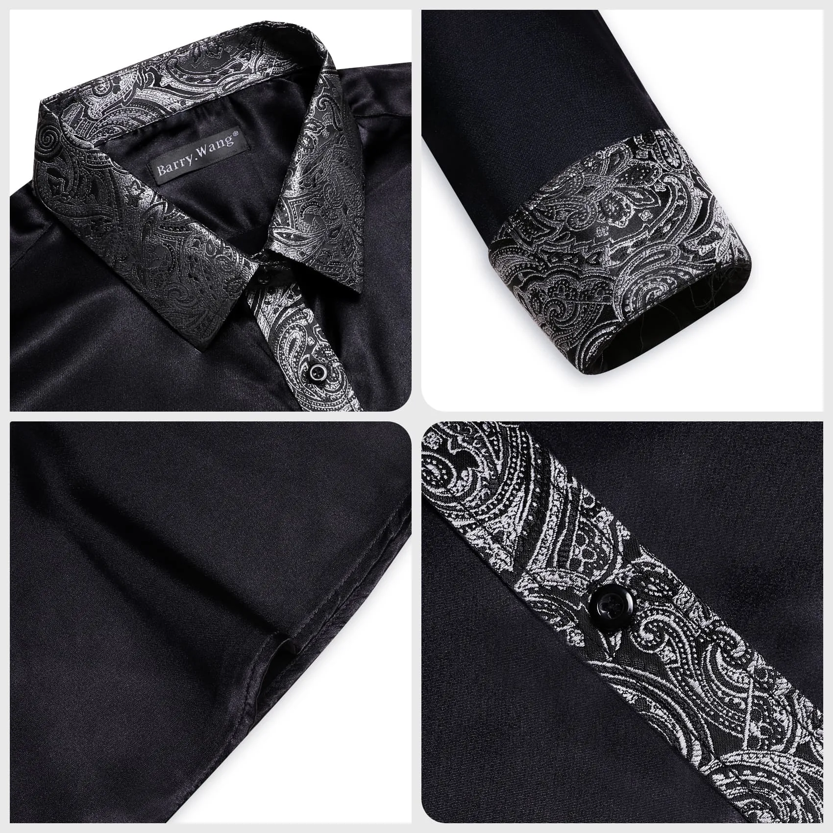 Barry Wang Black Shirt with Silver Paisley Cuff Long Sleeve Men Shirt