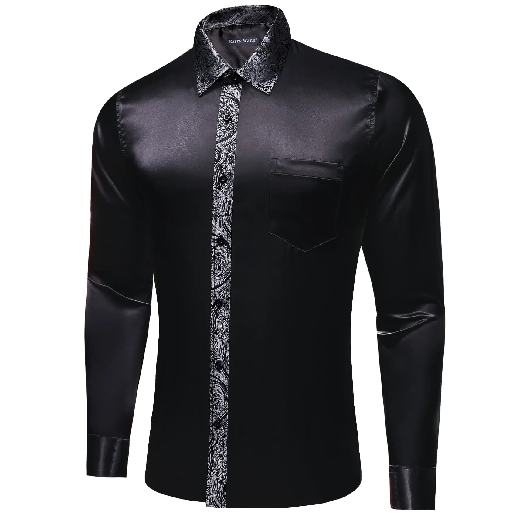 Barry Wang Black Shirt with Silver Paisley Cuff Long Sleeve Men Shirt