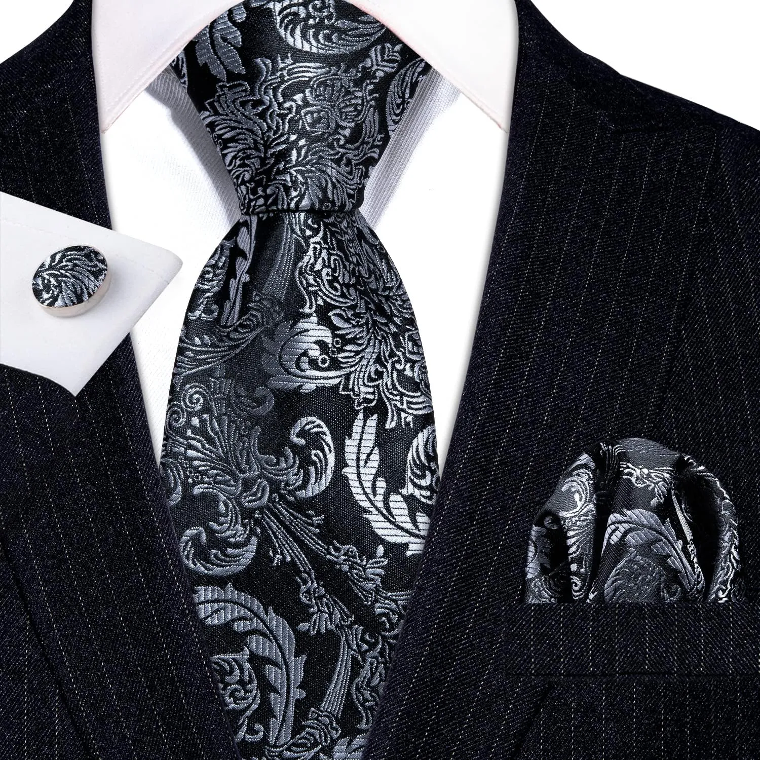 Barry.Wang Paisley Tie Fashion Set Hanky Cufflinks Neckties for Men Woven Silk
