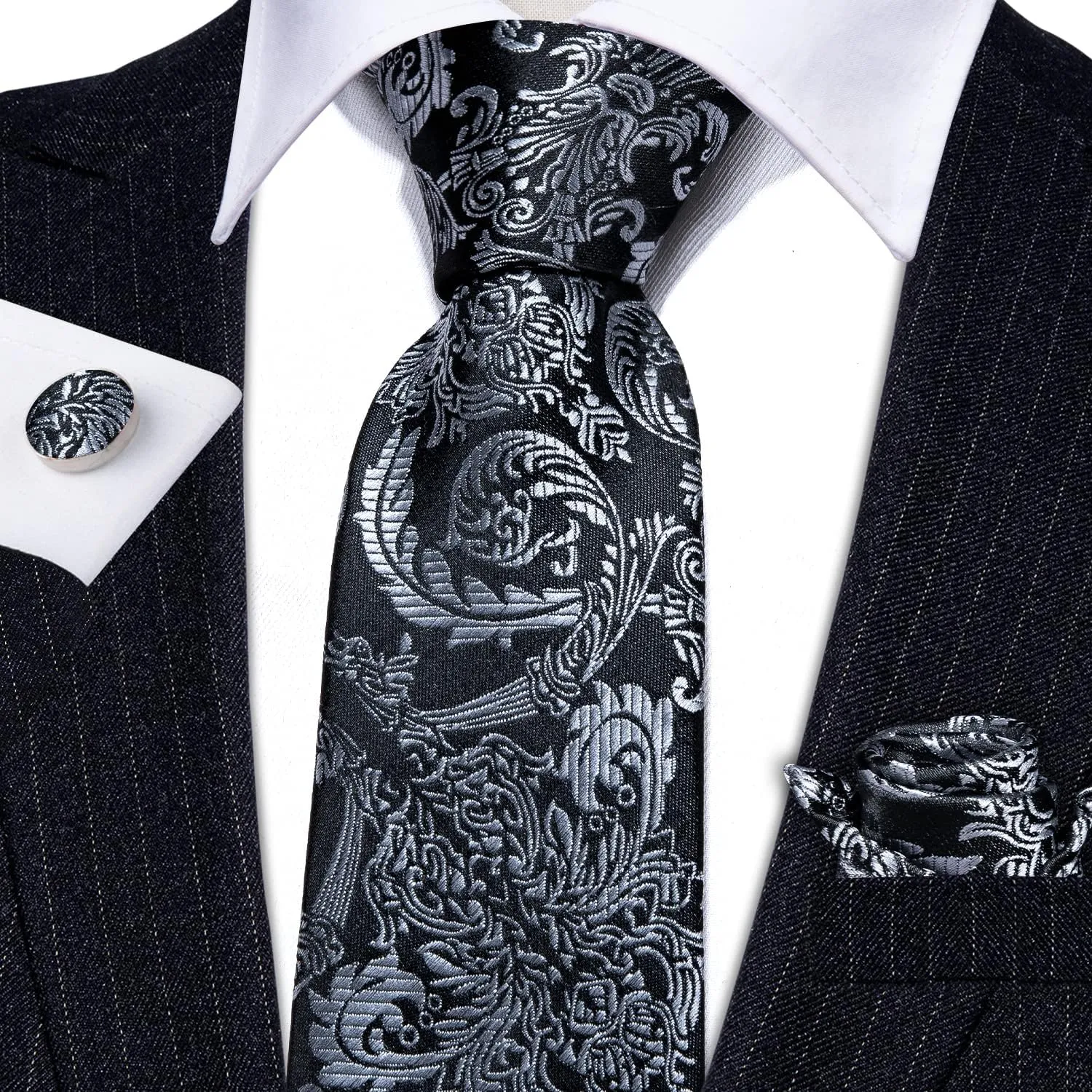 Barry.Wang Paisley Tie Fashion Set Hanky Cufflinks Neckties for Men Woven Silk