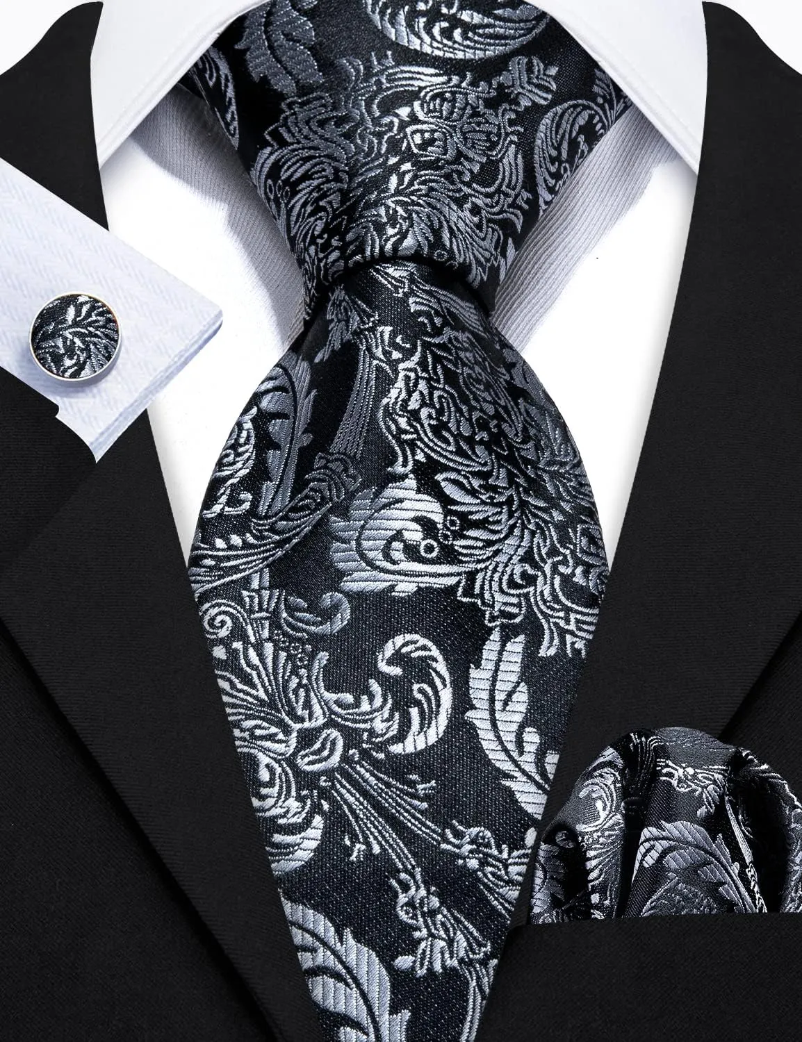 Barry.Wang Paisley Tie Fashion Set Hanky Cufflinks Neckties for Men Woven Silk