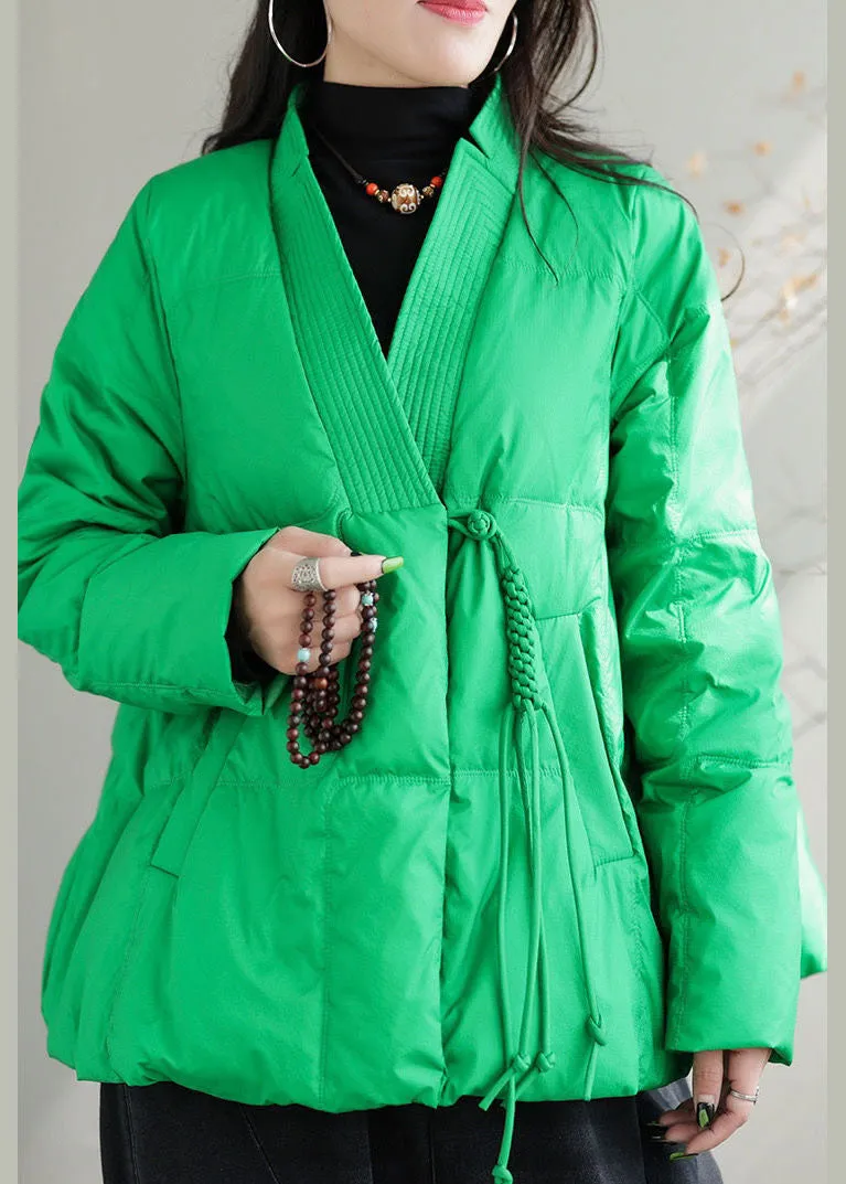 Beautiful Green V Neck Pockets Duck Down Jackets Winter