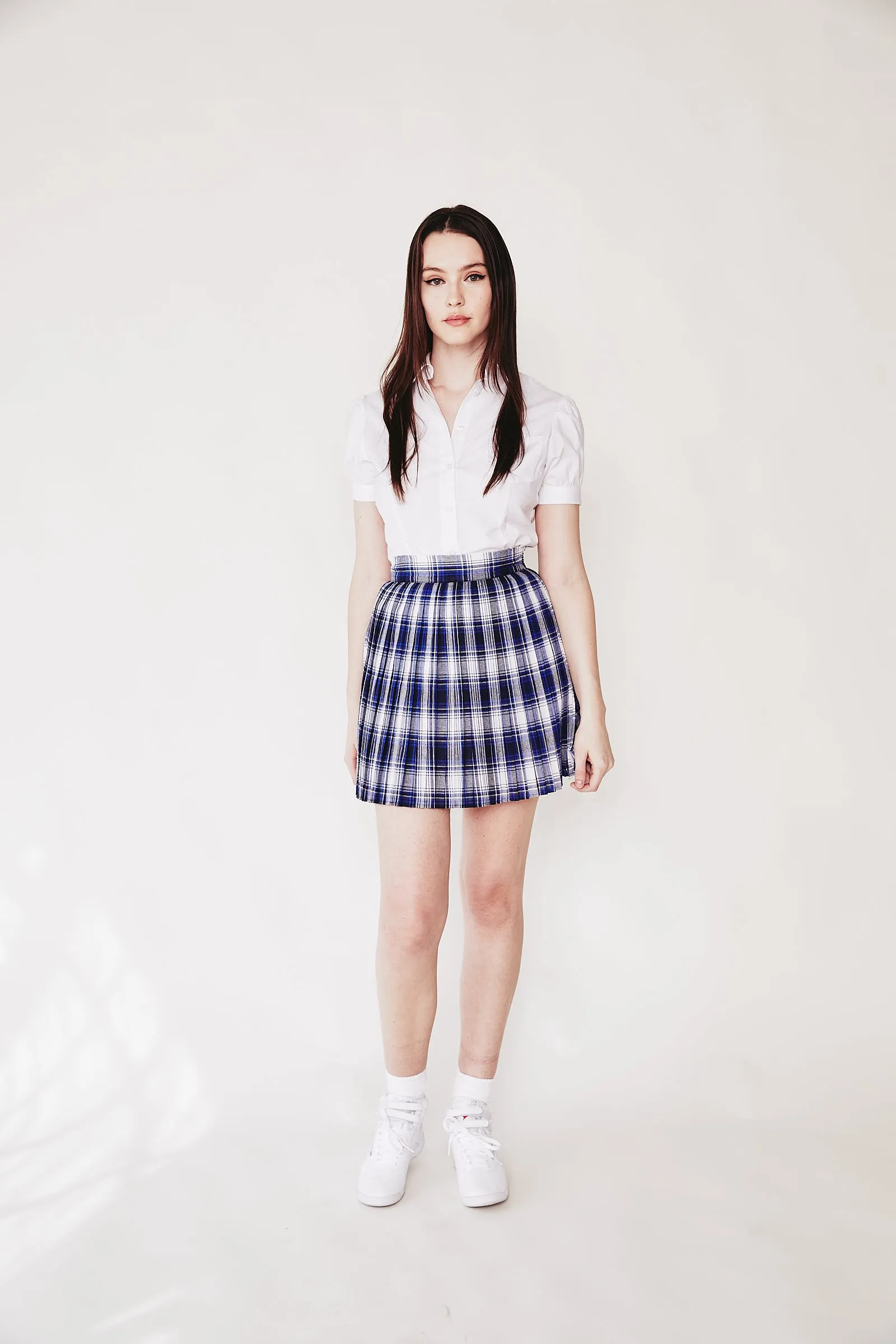 Blue check pleated skirt