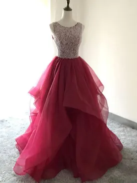 Burgundy Prom Dresses A Line Scoop Beading Organza Long Prom Dress JKL893
