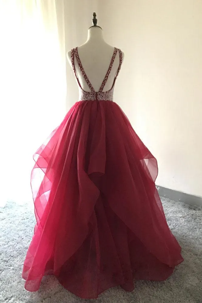 Burgundy Prom Dresses A Line Scoop Beading Organza Long Prom Dress JKL893