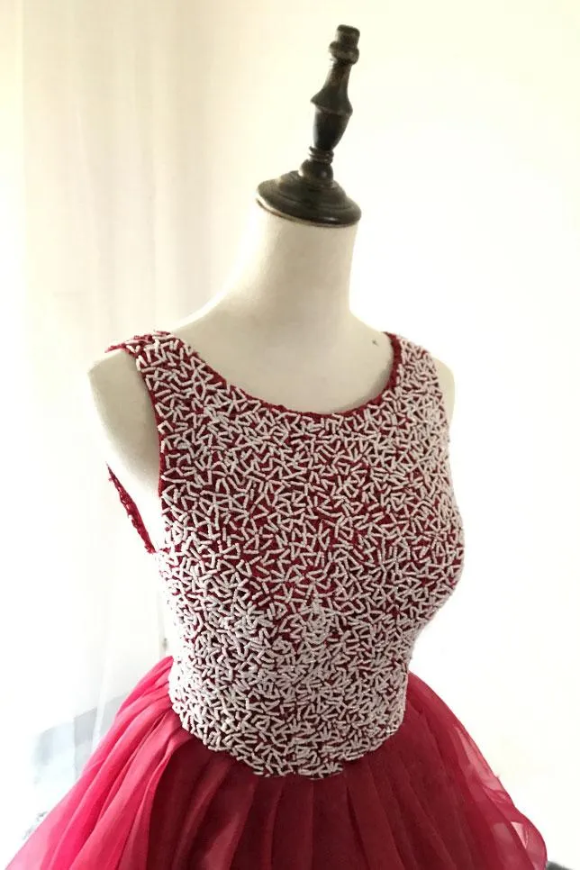 Burgundy Prom Dresses A Line Scoop Beading Organza Long Prom Dress JKL893