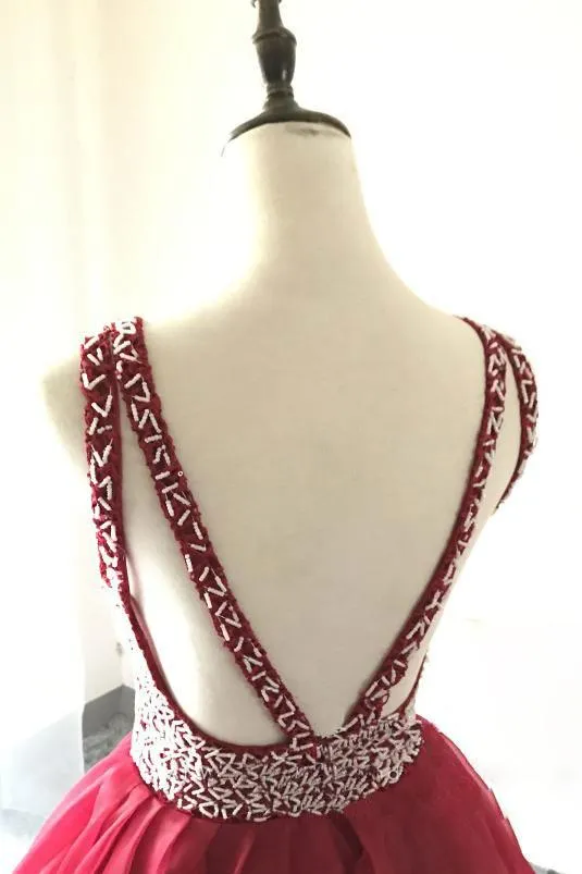 Burgundy Prom Dresses A Line Scoop Beading Organza Long Prom Dress JKL893