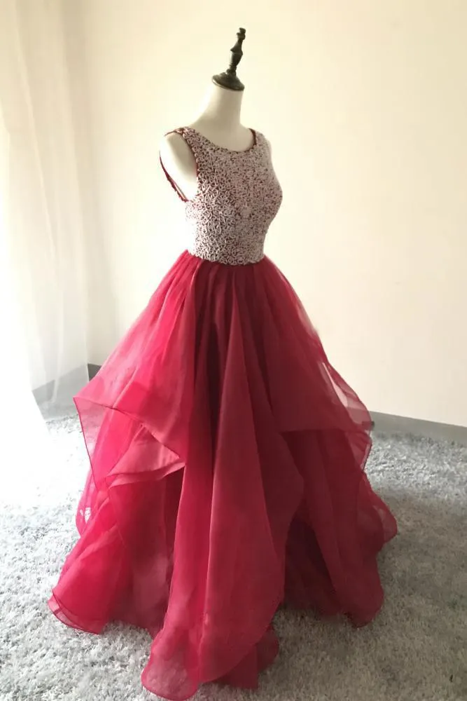 Burgundy Prom Dresses A Line Scoop Beading Organza Long Prom Dress JKL893