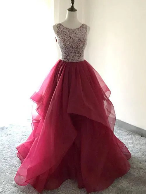 Burgundy Prom Dresses A Line Scoop Beading Organza Long Prom Dress JKL893
