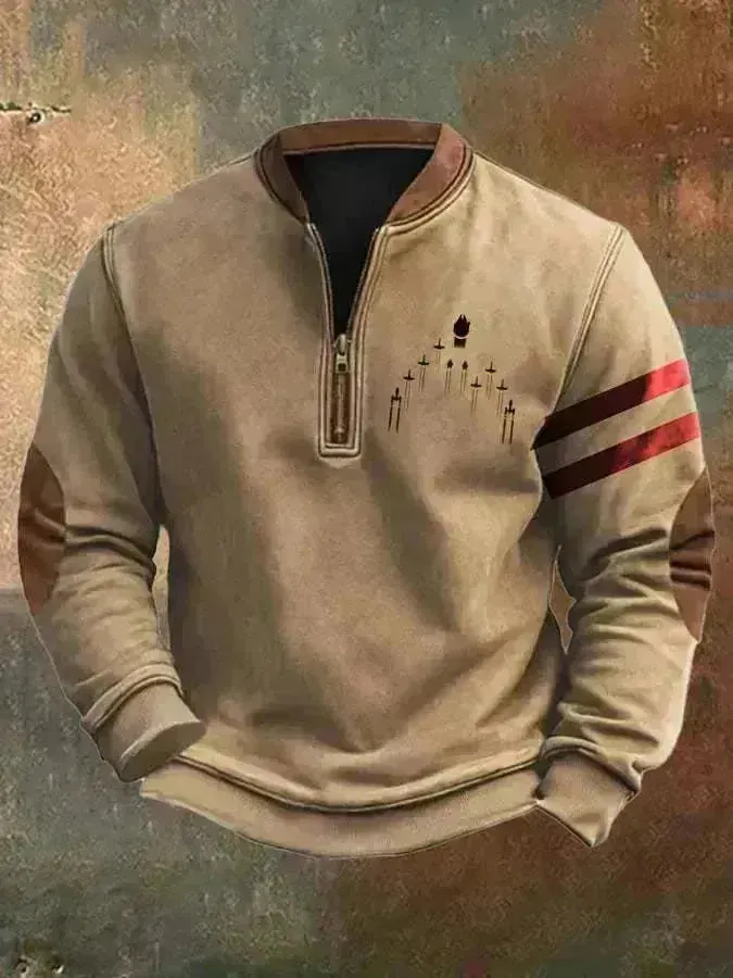 Casual 3D Digital Printing Stand Collar Men's Street Quarter Zip Sweatshirt top
