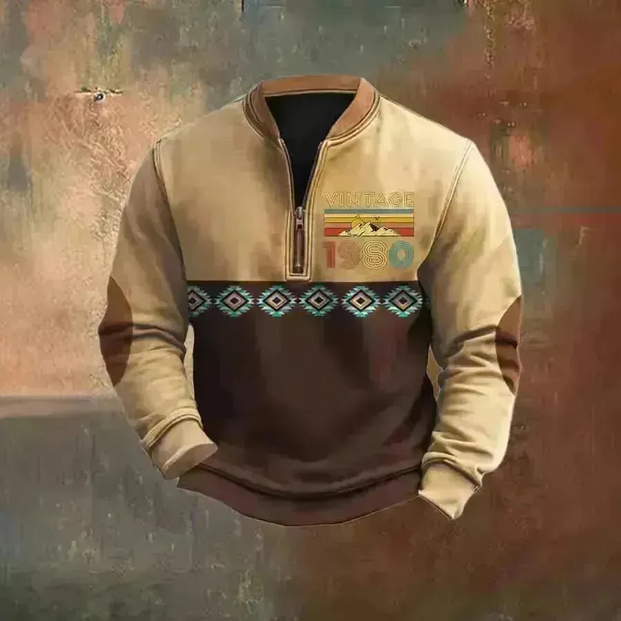 Casual 3D Digital Printing Stand Collar Men's Street Quarter Zip Sweatshirt top