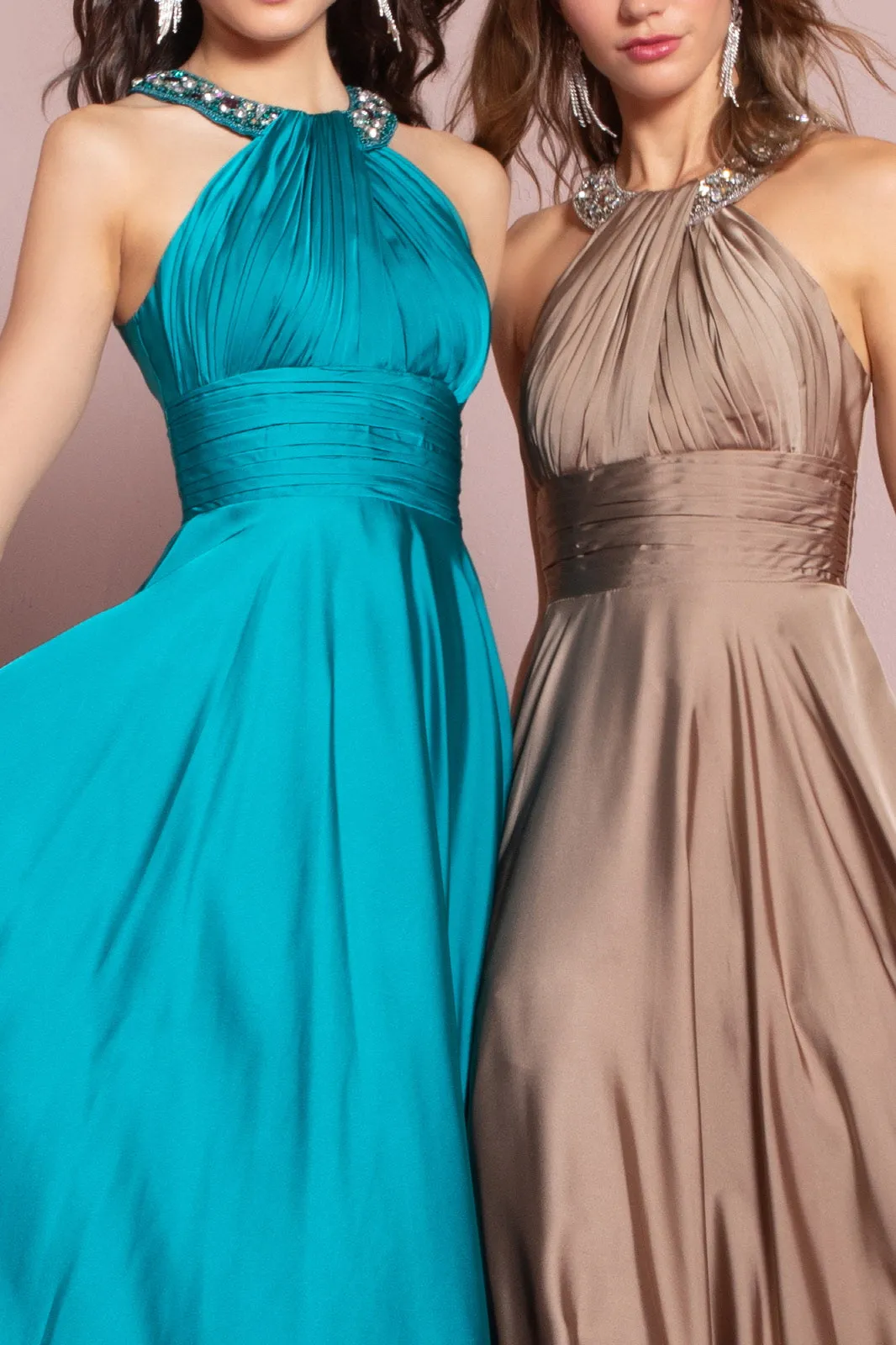 Charmeuse Long Dress with Beaded Halter Neckline GLGL1013