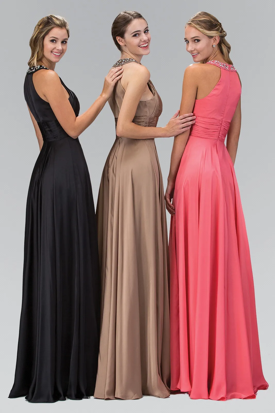 Charmeuse Long Dress with Beaded Halter Neckline GLGL1013