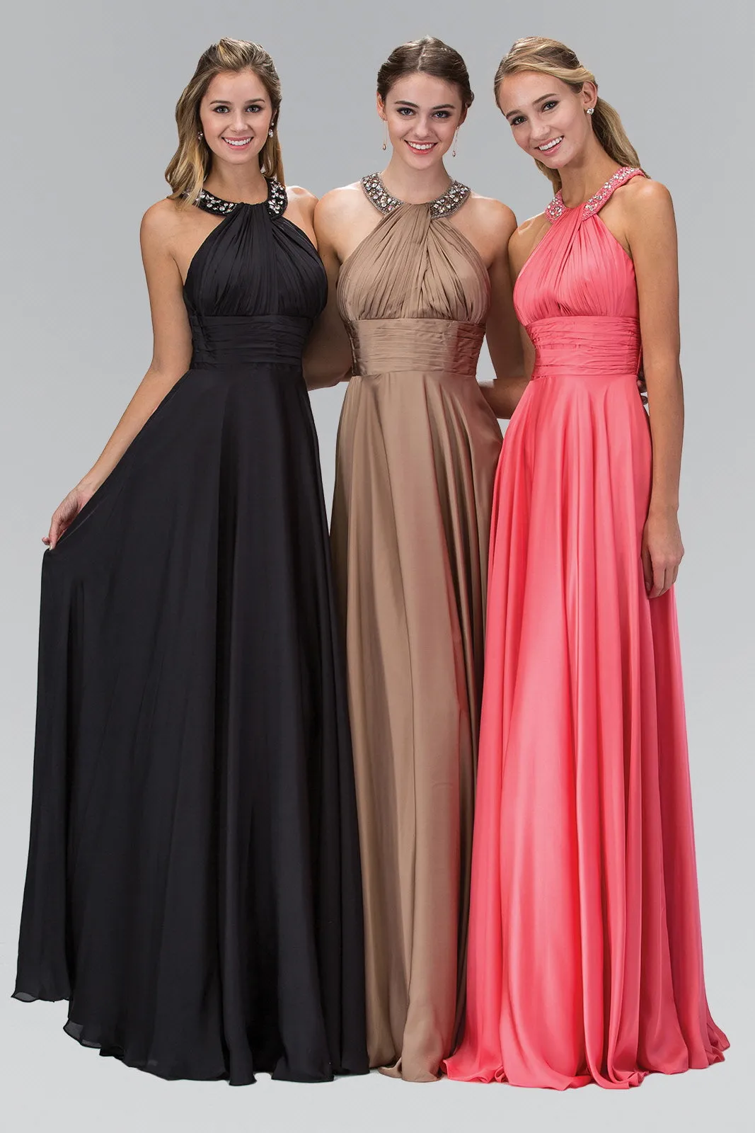 Charmeuse Long Dress with Beaded Halter Neckline GLGL1013