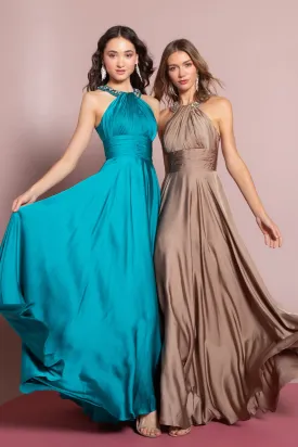 Charmeuse Long Dress with Beaded Halter Neckline GLGL1013