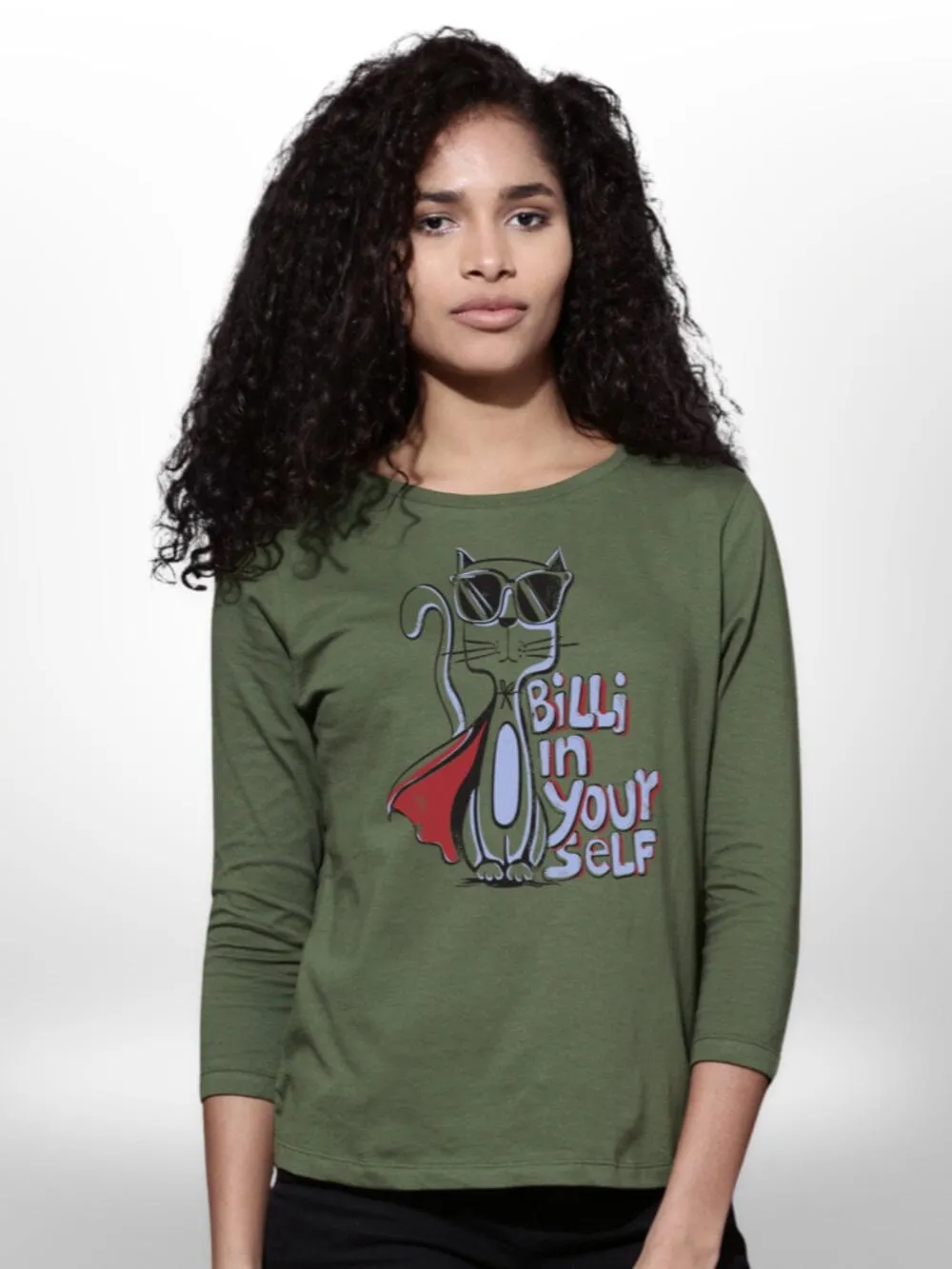 Cool Cat Printed Womens T-shirt Four Quarter Sleeve