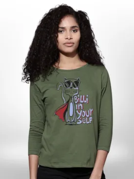 Cool Cat Printed Womens T-shirt Four Quarter Sleeve