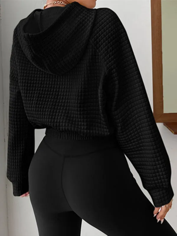 Emilie Loose Pullover Hooded Long-Sleeved Patchwork Waffle Sweatshirt