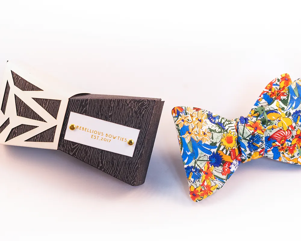 Floral Cotton Voile Bow Tie With Hues of Blue, Red, & Orange Print-Butterfly