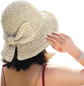 Foldable Wide Brim Floppy Straw Beach Sun Hat,Summer Cap with Bowknot for Women Girls,Strap Adjustable