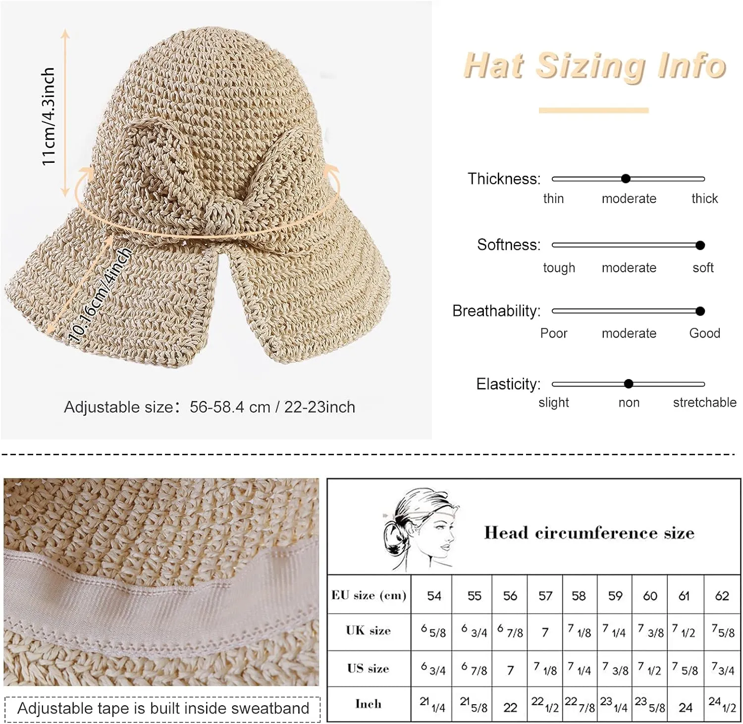 Foldable Wide Brim Floppy Straw Beach Sun Hat,Summer Cap with Bowknot for Women Girls,Strap Adjustable