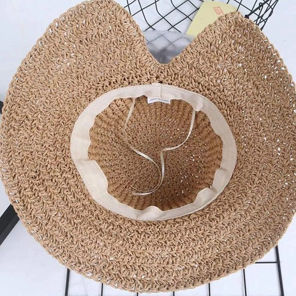 Foldable Wide Brim Floppy Straw Beach Sun Hat,Summer Cap with Bowknot for Women Girls,Strap Adjustable