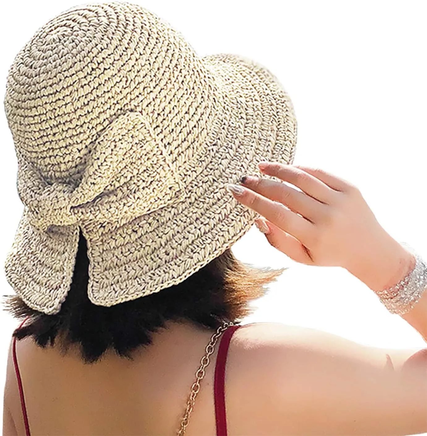 Foldable Wide Brim Floppy Straw Beach Sun Hat,Summer Cap with Bowknot for Women Girls,Strap Adjustable
