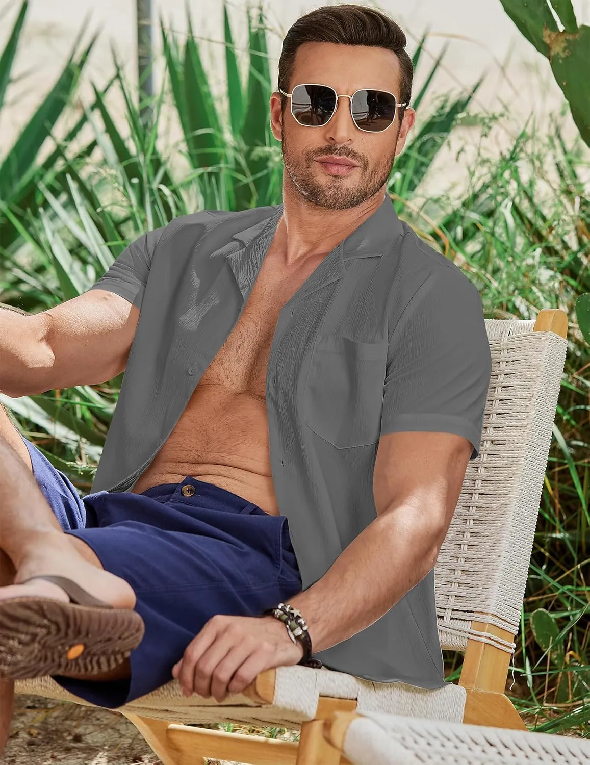 JMIERR Men's Casual Button Down Shirts Short Sleeve Textured Summer Beach Shirt Cuban Vacation Shirts with Pocket