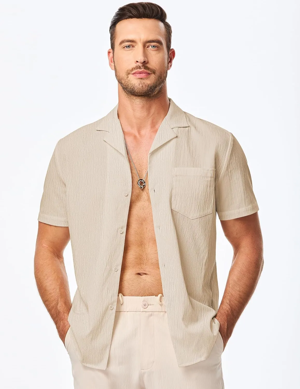 JMIERR Men's Casual Button Down Shirts Short Sleeve Textured Summer Beach Shirt Cuban Vacation Shirts with Pocket