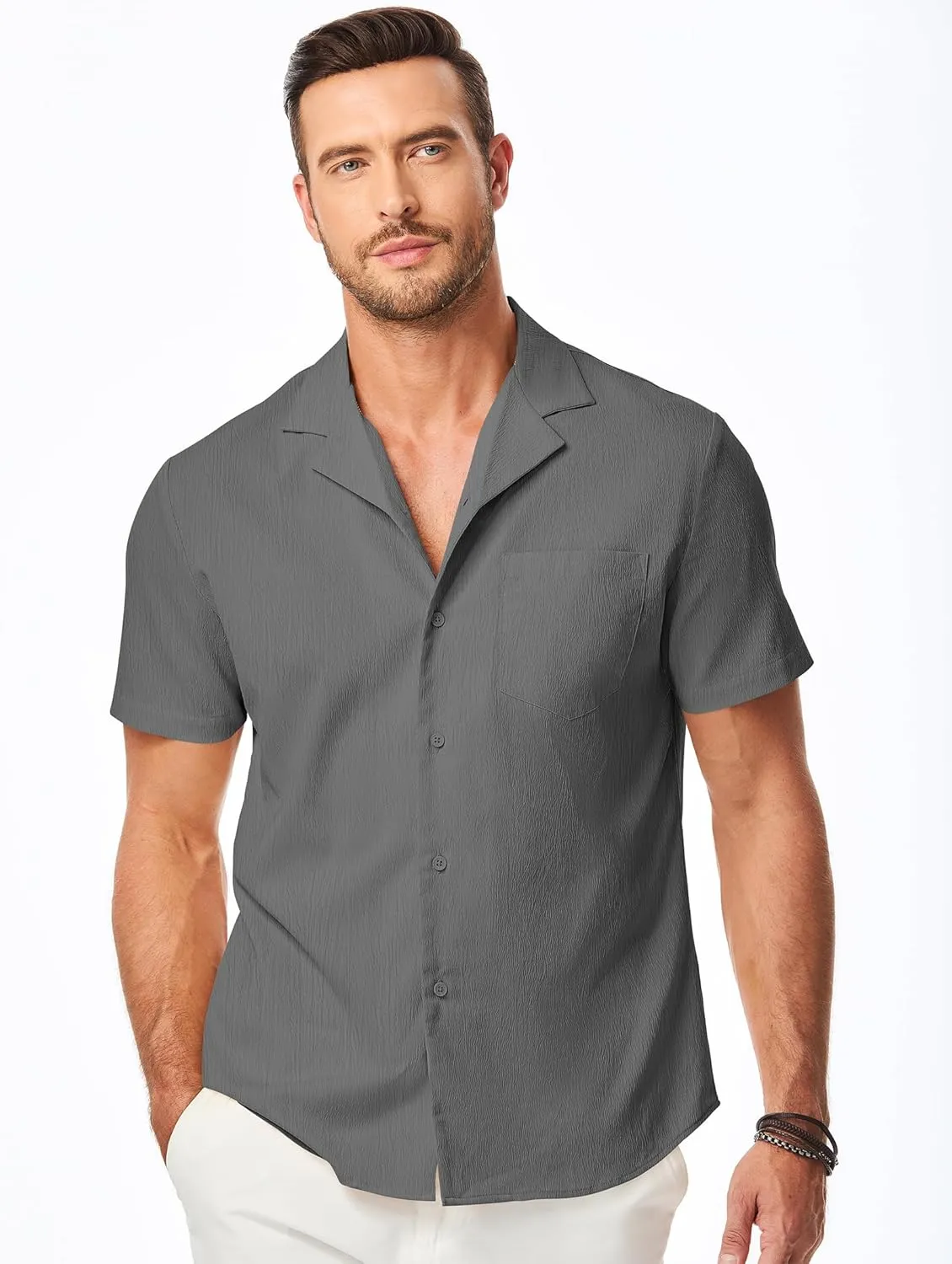 JMIERR Men's Casual Button Down Shirts Short Sleeve Textured Summer Beach Shirt Cuban Vacation Shirts with Pocket