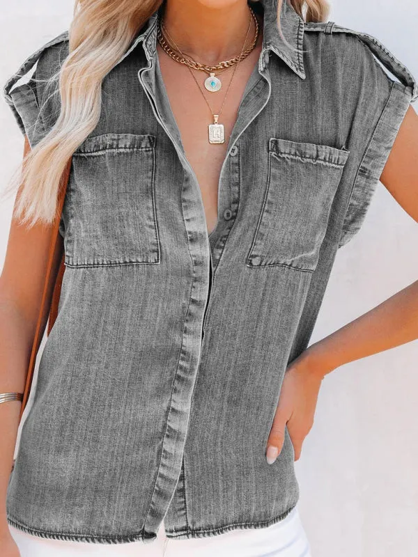 Katelyn Sleeveless Denim Shirt Straight Pocket Oversized Top