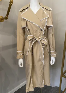 Khaki Trench Coat With Lace Trim