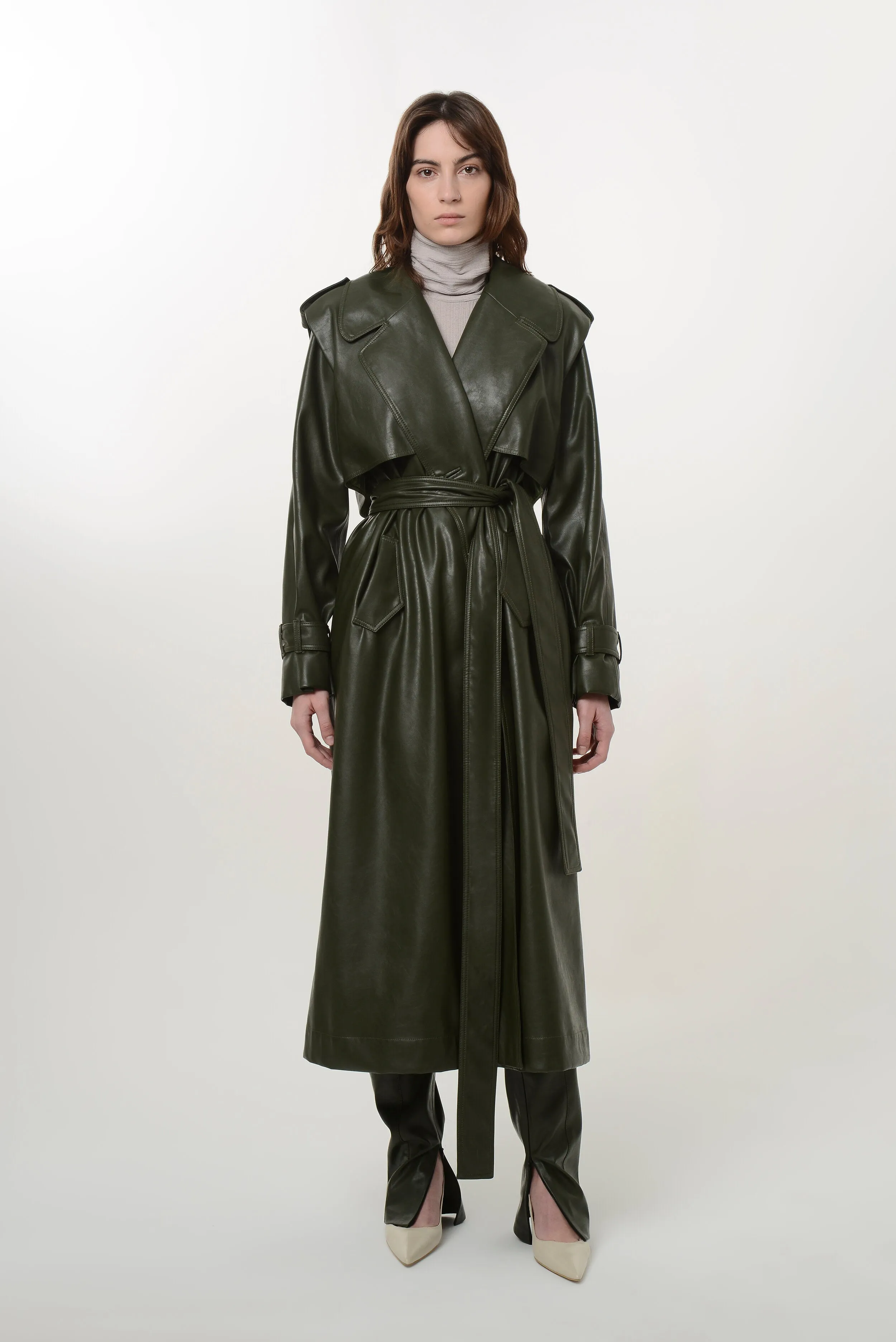 Khaki Vegan Leather Trench Coat
