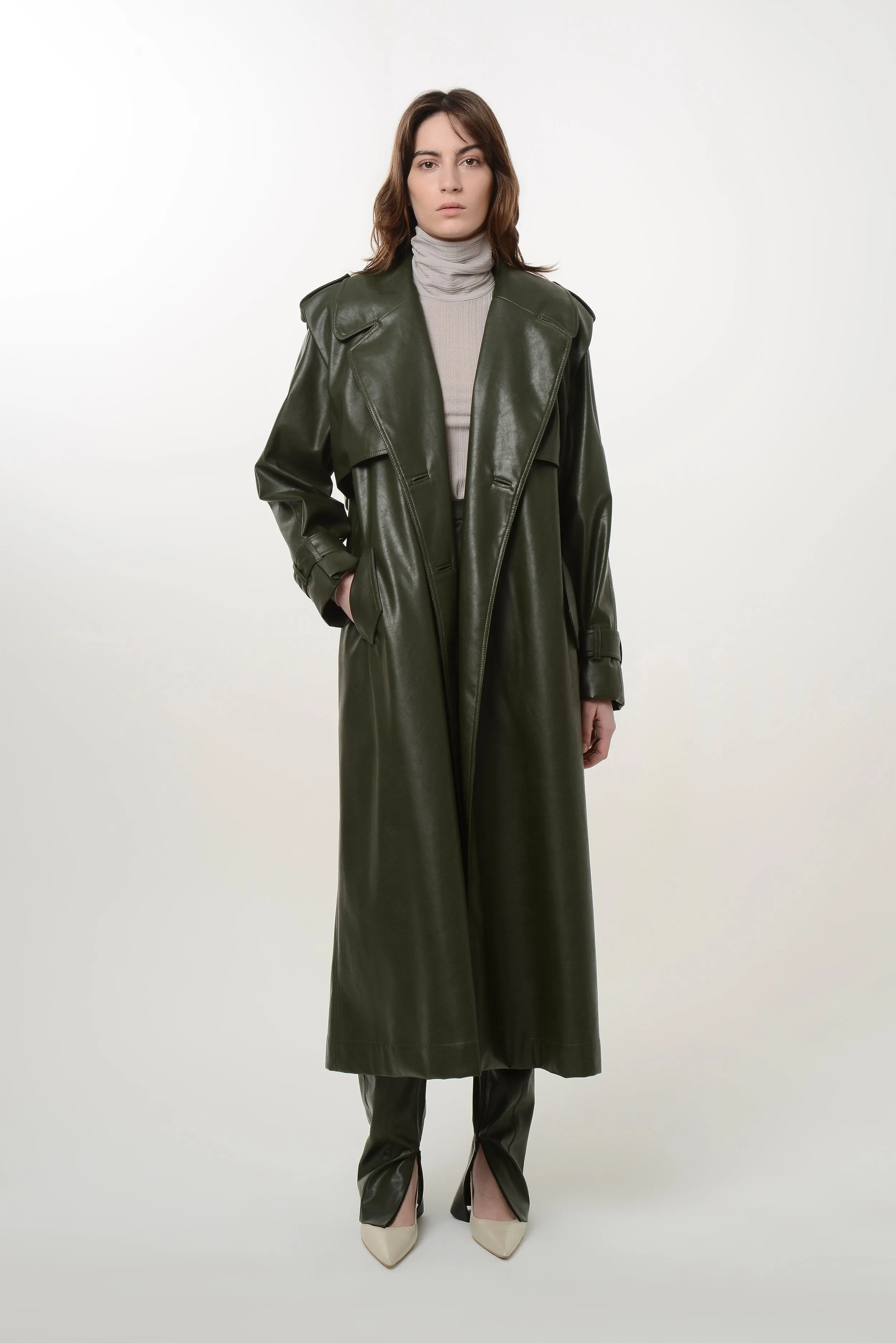 Khaki Vegan Leather Trench Coat