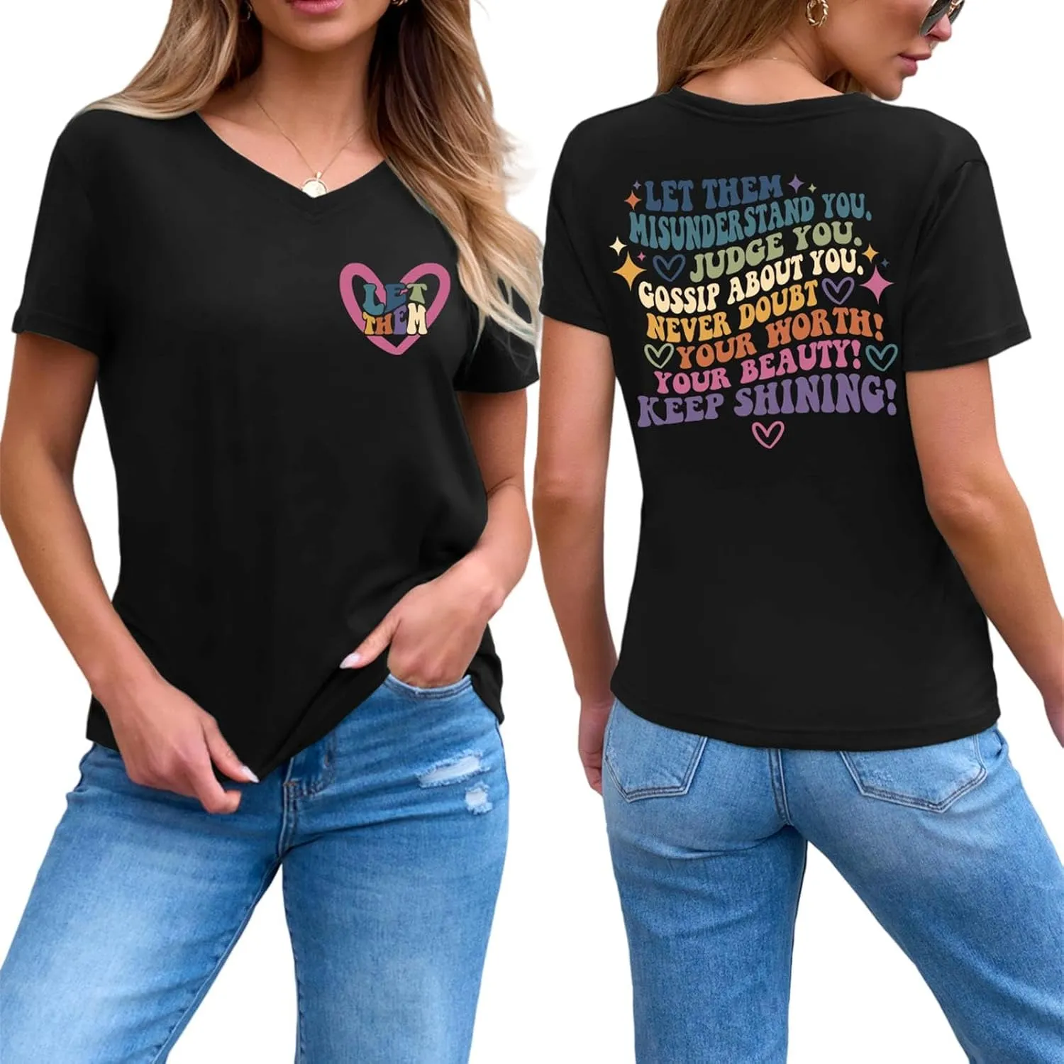 Let Them Misunderstand You V-Neck T-Shirt Mental Health Shirt for Women Inspirational Graphic Tees Motivational Gift