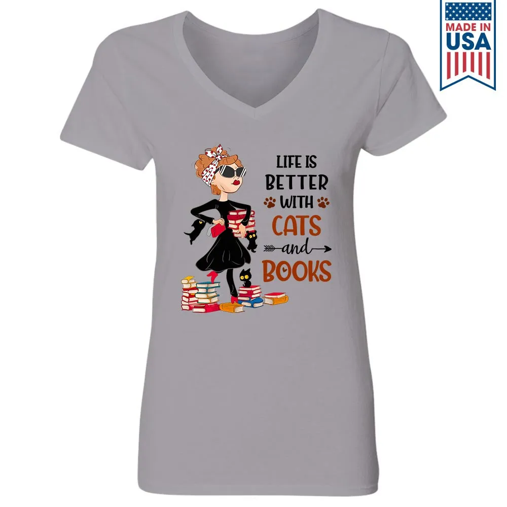 Life Is Better With Cats And Books Book Lovers Gift Women's V-neck T-shirt TSVW475