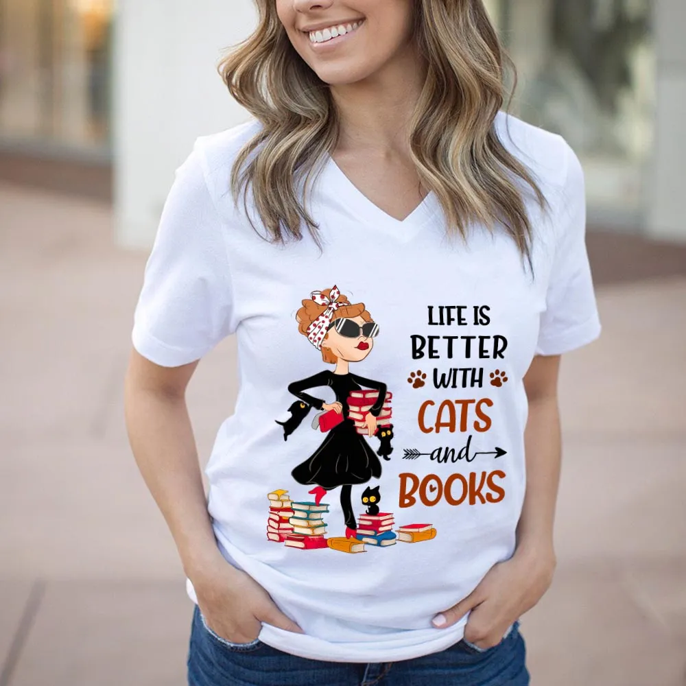 Life Is Better With Cats And Books Book Lovers Gift Women's V-neck T-shirt TSVW475