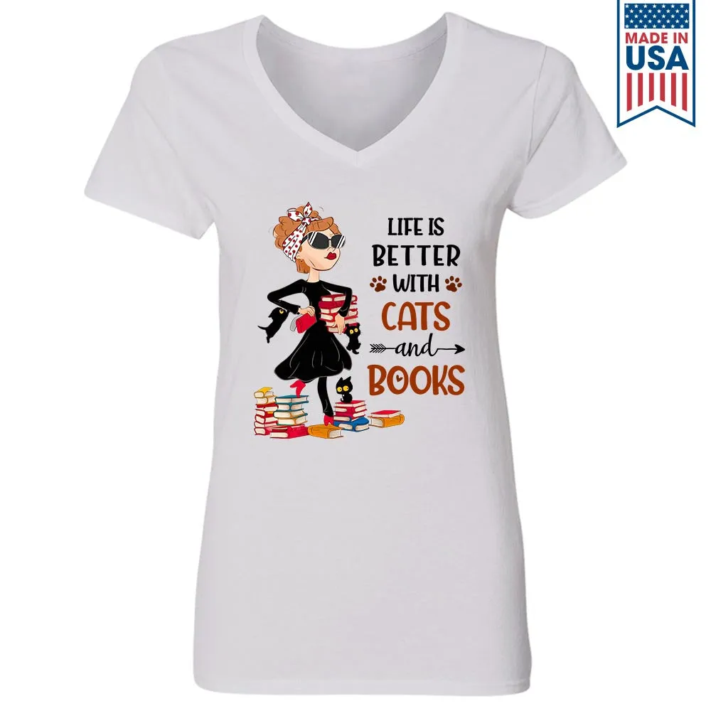 Life Is Better With Cats And Books Book Lovers Gift Women's V-neck T-shirt TSVW475
