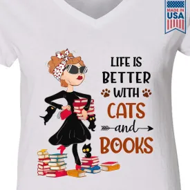 Life Is Better With Cats And Books Book Lovers Gift Women's V-neck T-shirt TSVW475