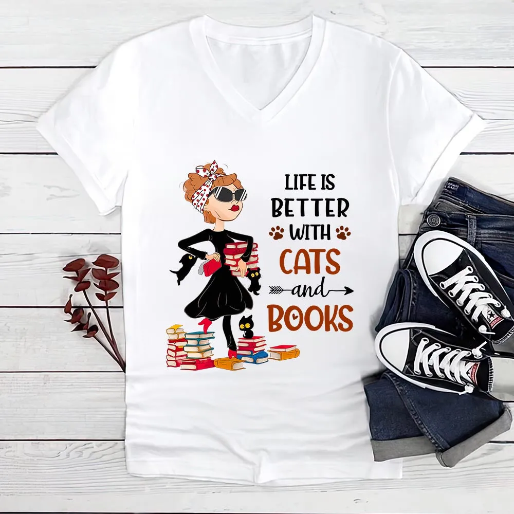 Life Is Better With Cats And Books Book Lovers Gift Women's V-neck T-shirt TSVW475