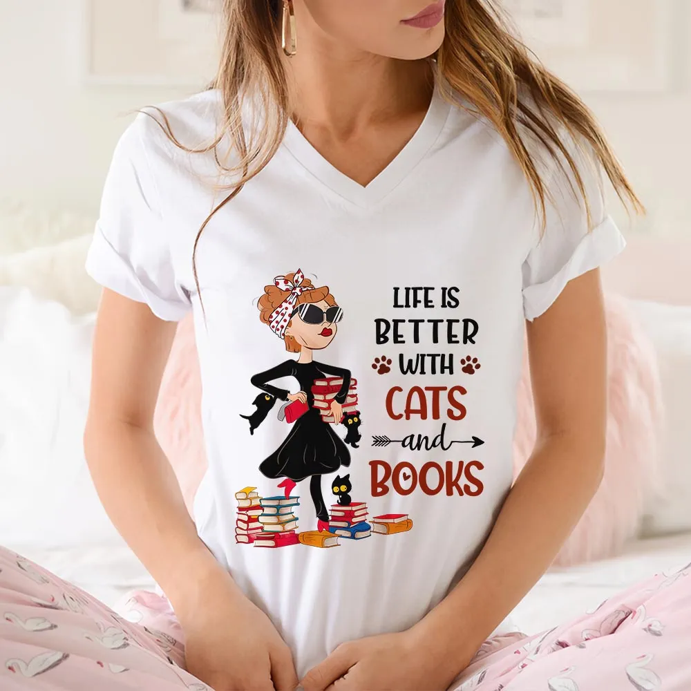 Life Is Better With Cats And Books Book Lovers Gift Women's V-neck T-shirt TSVW475