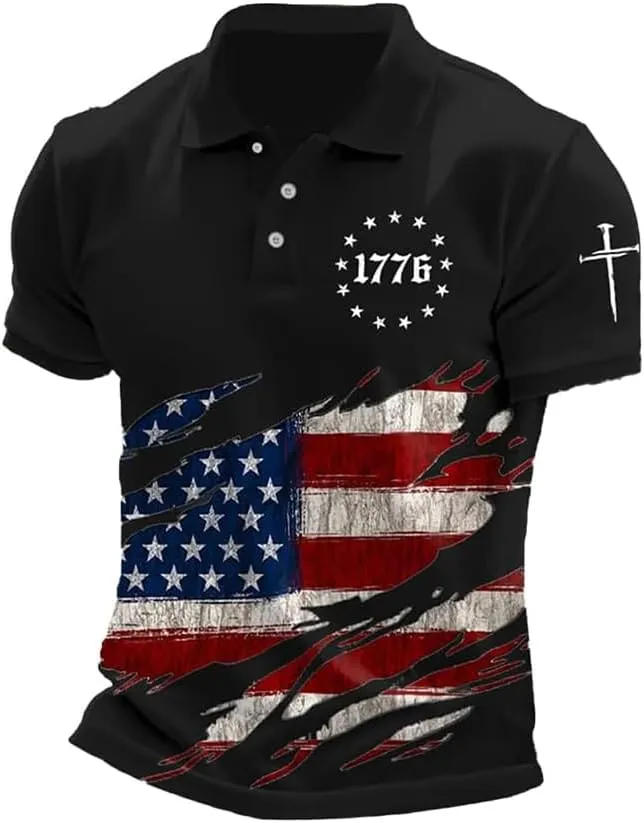 Men's American Flag Cross Print 1776 Polo Shirt 4Th of July T-Shirt