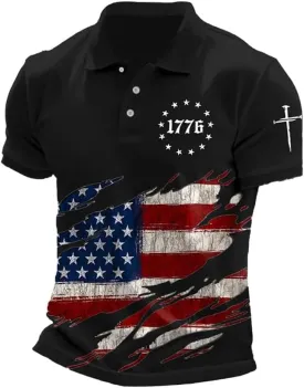 Men's American Flag Cross Print 1776 Polo Shirt 4Th of July T-Shirt