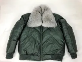 Men's V-Bomber Forest Green Premium Silver Fox Collar