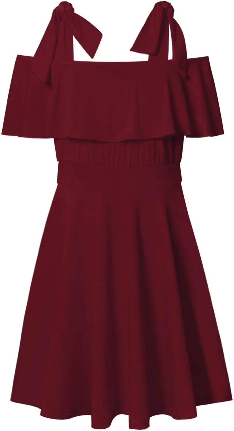 Mirawise Girl's Tie Shoulder Sleeveless Ruffle Summer Casual Cotton Sundress A-line Swing Dress for 4-12 Years Kids